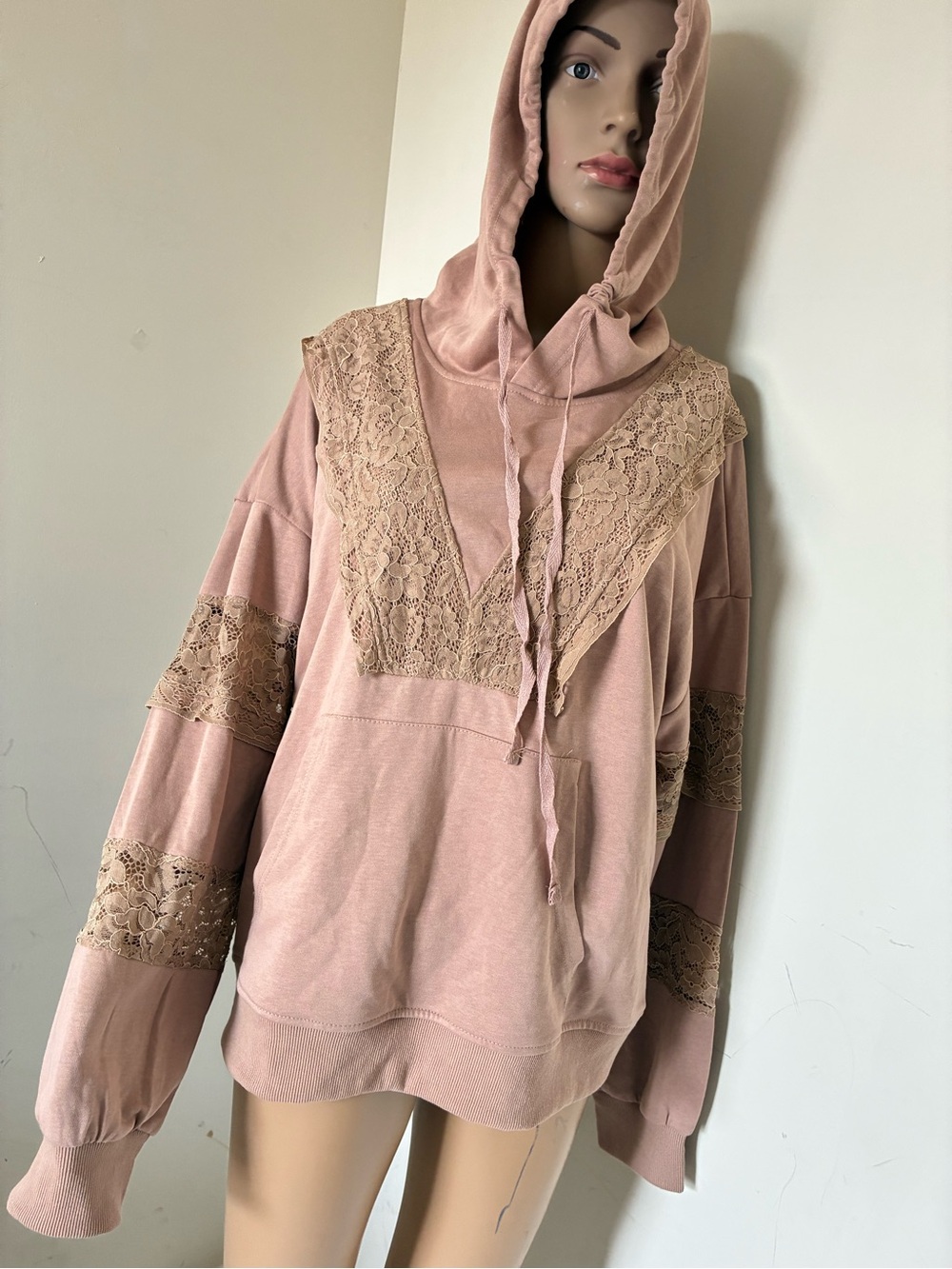 Women's Lace-Trim Hooded Sweatshirt - Dusty Mauve